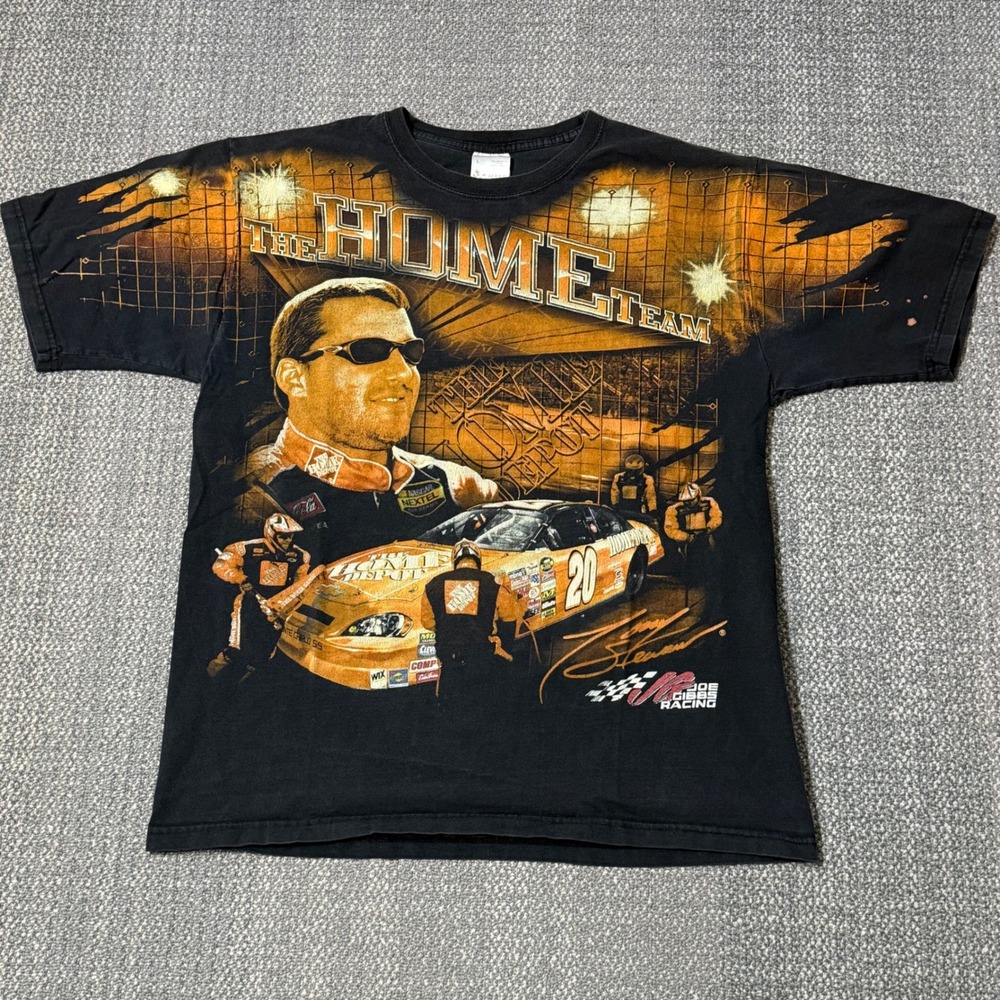 Vintage Tony Stewart #20 NASCAR All Over Print Tee Home Depot Black Y2K Large